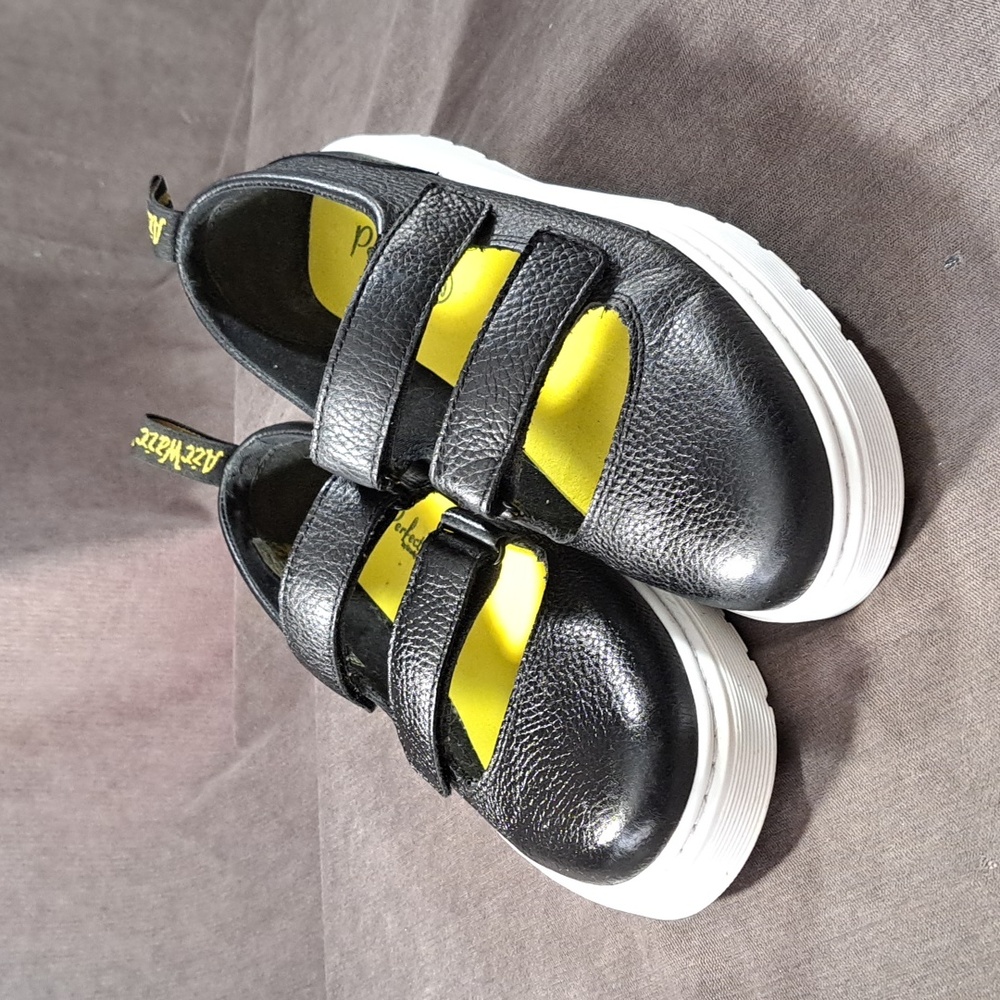 Dr. Martens Black Leather Double-Strap Platform Mary Jane Flats with White Sole